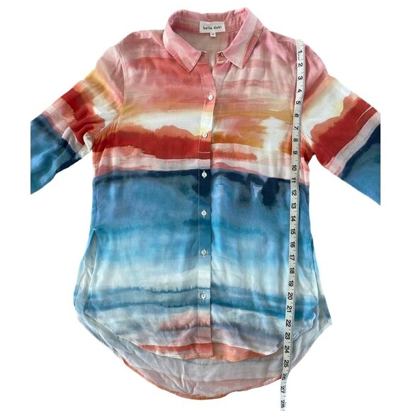 Bella Dahl Satin Side Slit Button Down Shirt Horizon Sunset Print Size XS $150 - Picture 8 of 14